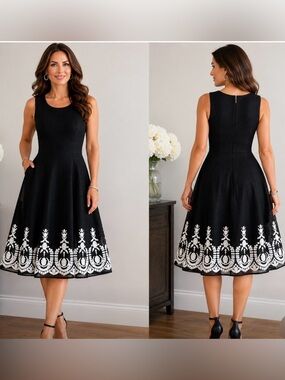 🖤 DKNY Black Fit & Flare Embroidered Dress – Size 10
